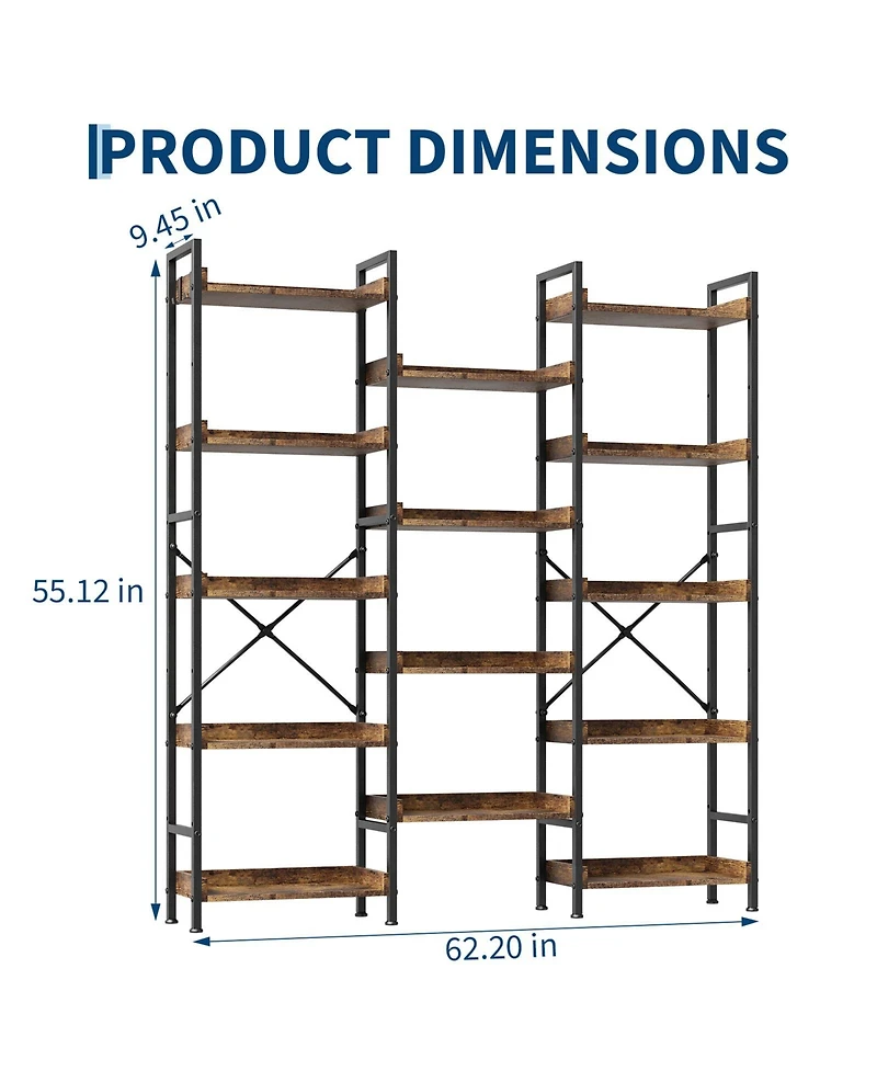homfan 14-Tier Rustic Open Bookshelf, Carbon Steel Frame Storage Organizer with Side Guard Rails and Anti-Tilt Design,Easy Assembly Home Display Shelf