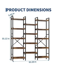 homfan 14-Tier Rustic Open Bookshelf, Carbon Steel Frame Storage Organizer with Side Guard Rails and Anti-Tilt Design,Easy Assembly Home Display Shelf