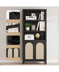 homfan 71 Inch Rustic Farmhouse 5-Tier Bookshelf with Doors, Adjustable Shelves and Storage Cabinets, Freestanding Display Organizer for Living Room