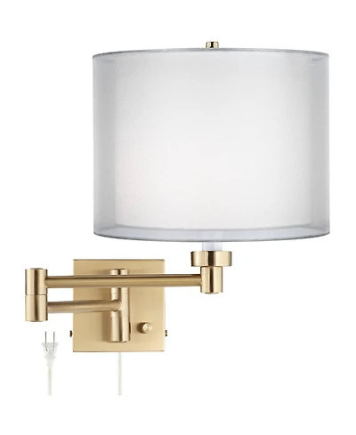 Barnes and Ivy Alta Vintage Swing Arm Wall Lamp Warm Antique Brass Plug-in Light Fixture Double Sheer Drum Shade for Bedroom Bedside Home