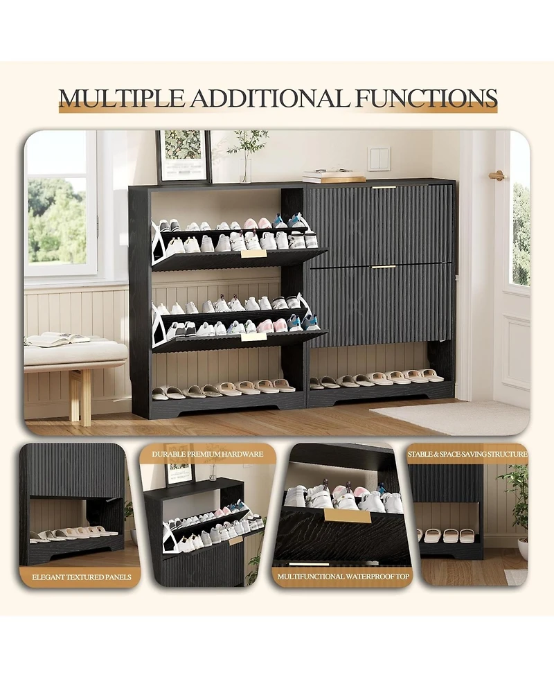 homfan Fluted Shoe Cabinet for Entryway with 2 Flip Drawers, Narrow Shoe Rack with Open Storage and Adjustable Shelf, 29.9"W x 9.4"D x 40"H