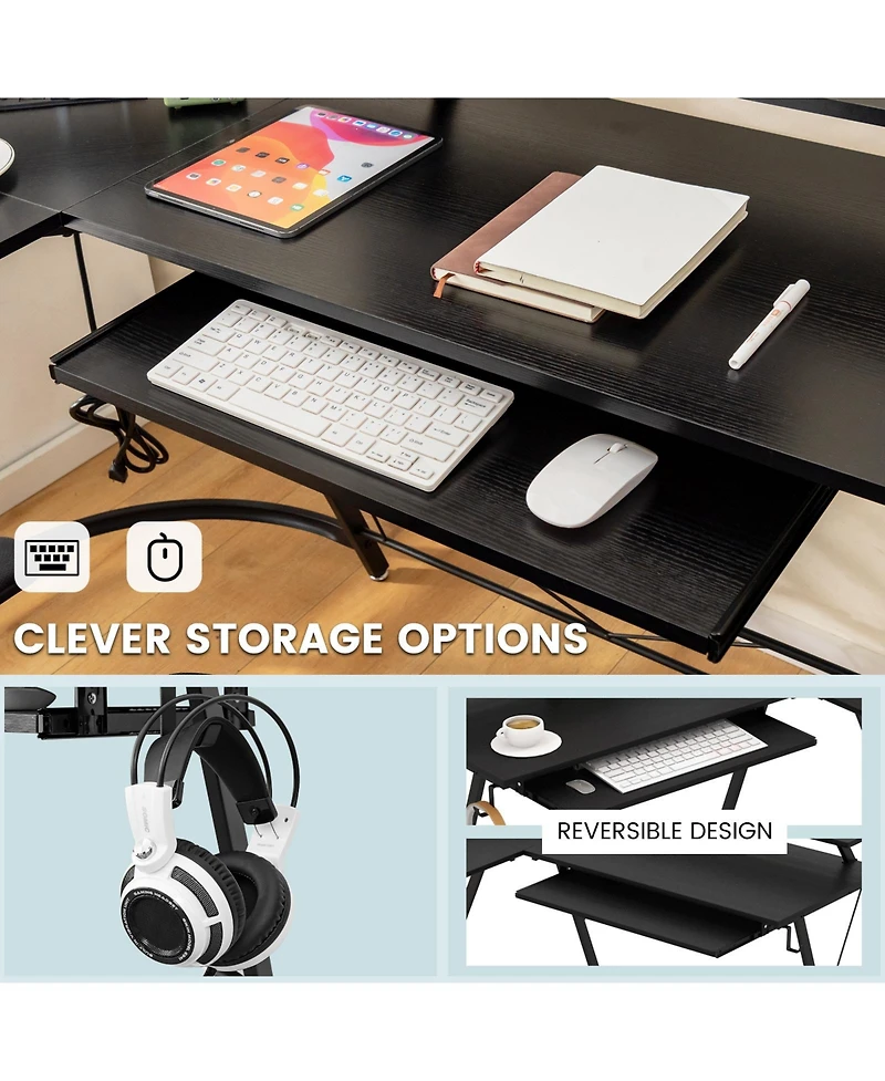 Gouun L-Shaped Corner Computer Desk with Power Outlet, Usb Ports and Monitor Stand