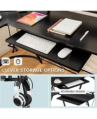 Gouun L-Shaped Corner Computer Desk with Power Outlet, Usb Ports and Monitor Stand