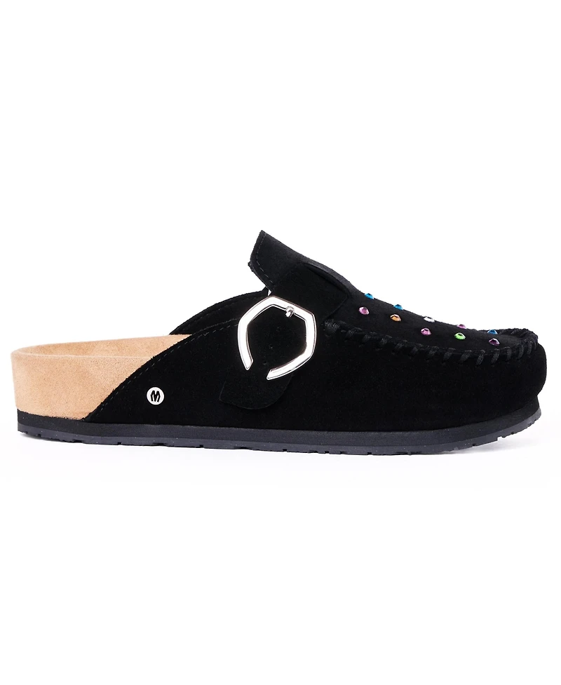 Minnetonka Women's Rhinestone Suede Adjustable Buckle Clogs