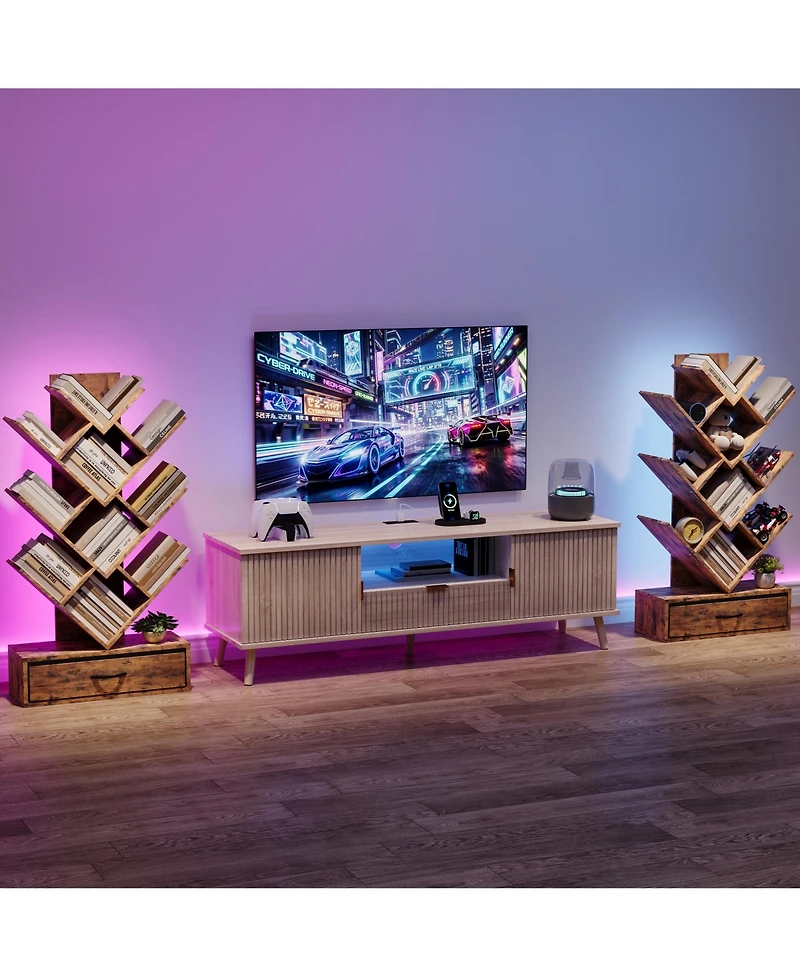 Gaomon Tree Bookshelf with Led Lights, 7-Tier Bookcase with Fabric Drawer, Narrow Industrial Floor Standing Storage Rack for Small Spaces