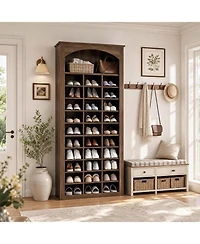 Tribesigns Tall Shoe Cabinet, 30-Cube Large Capacity Shoe Organizer with Arched Display Shelf, Rustic Entryway Storage