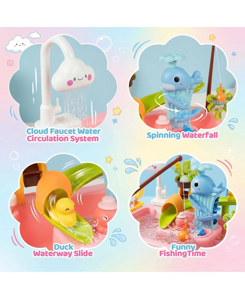 Gnuadz 4-in-1 Sand Water Table Electric Pump Outdoor Play Kitchen Sink Fishing Game Toddler Toy