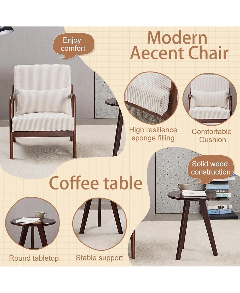 Rainsken Accent Chair with Side Table, Mid-Century Modern Upholstered and Coffee Table Set for Living Room, Bedroom