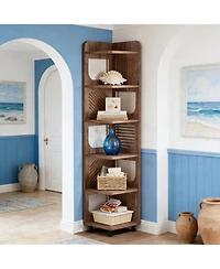 Rainsken Rustic 6-Tier Tall Corner Shelf, Freestanding Book Display Shelf with Hollowed Design and Metal Legs for Living Room, Bedroom, or Office