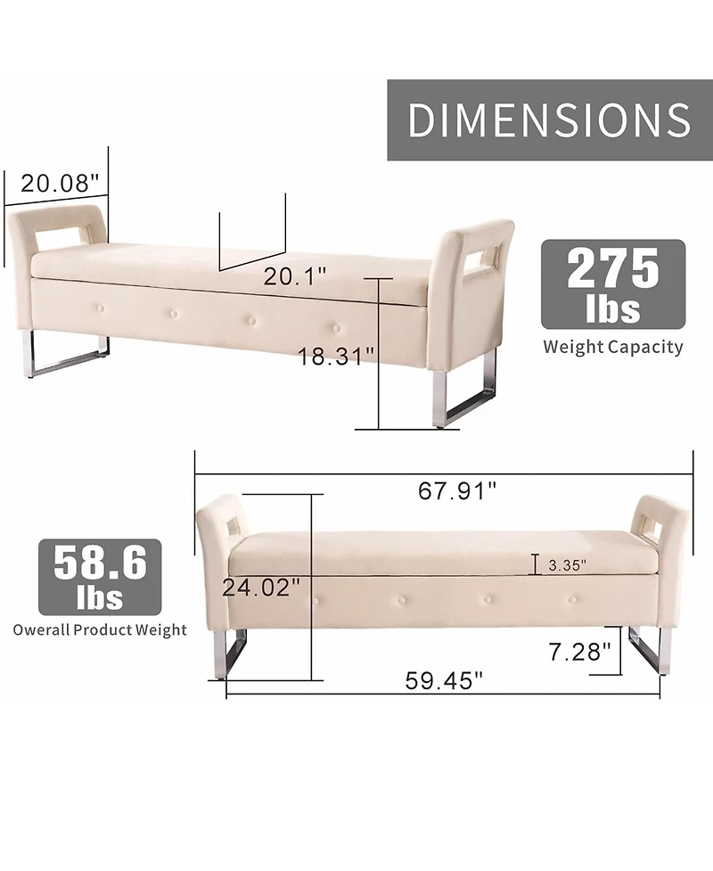 Rainsken Storage Ottoman, 67.91" Velvet Upholstered End of Bed Bench with Armrests for Living Room, Entryway
