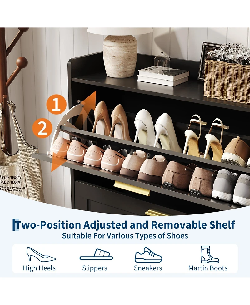 gaomon entryway shoe cabinet with double-layer flip-top drawers, adjustable shelves, and a dust-proof back panel freestanding storage