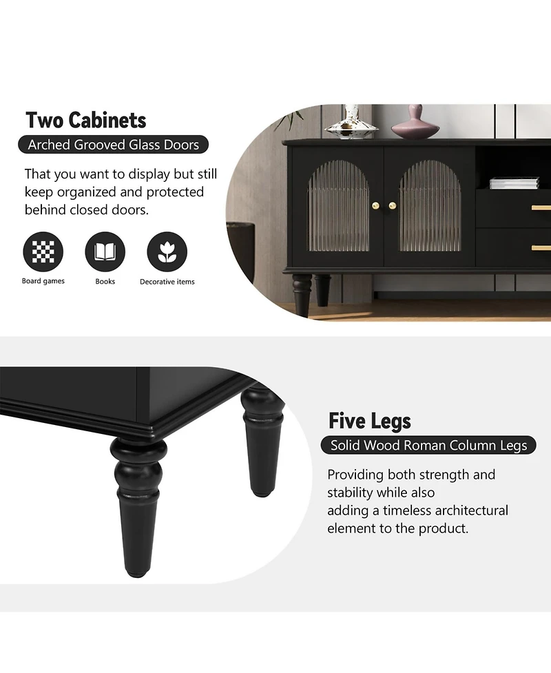 Rainsken 68.9'' Retro Tv Stand, with Fluted Glass Doors, for TVs up to 75 Inches, Entertainment Center Media Console Table, for Living room, Bedroom