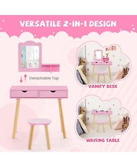 Gouun Kids 2-in-1 Vanity Desk and Stool Set with Detachable Mirror and 2 Drawers