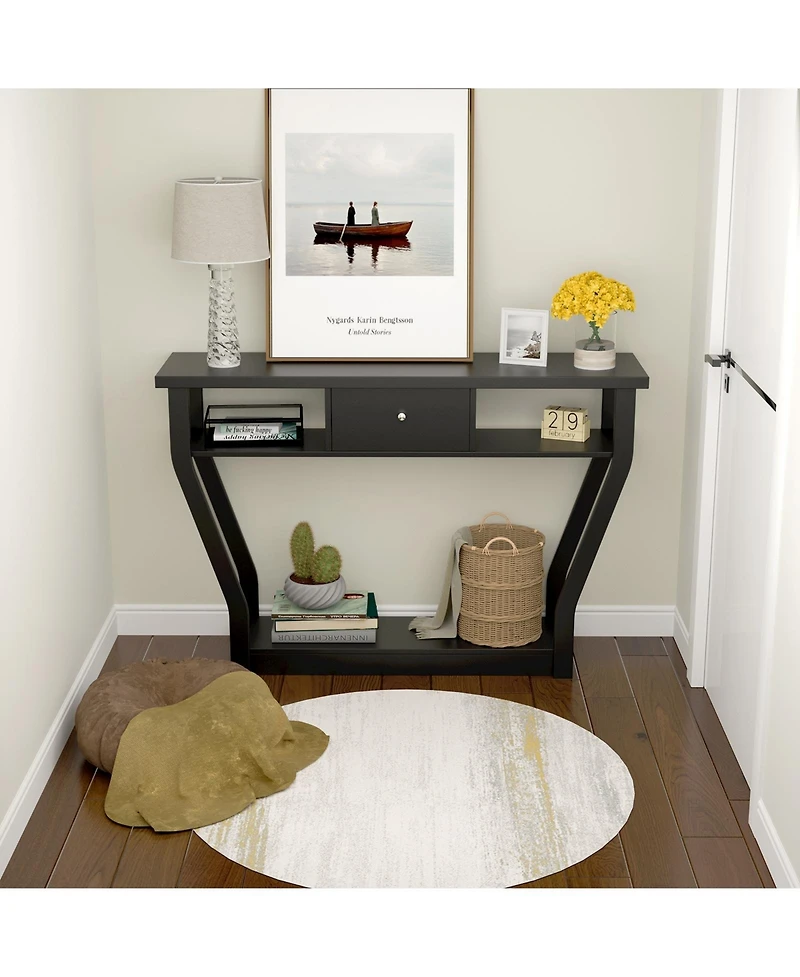 Gouun Curved Frame Modern Console Table with Storage Drawer and Three-Tier Shelf