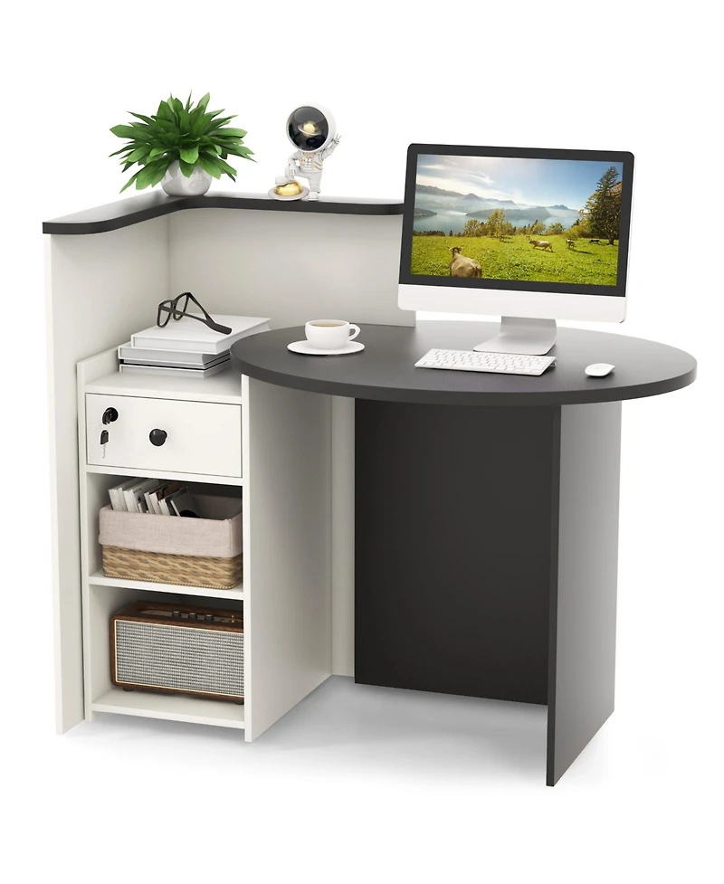 Gouun Oval-Top Reception Desk with Lockable Drawer and 3-Position Open Shelf, 48 x 27.5 in