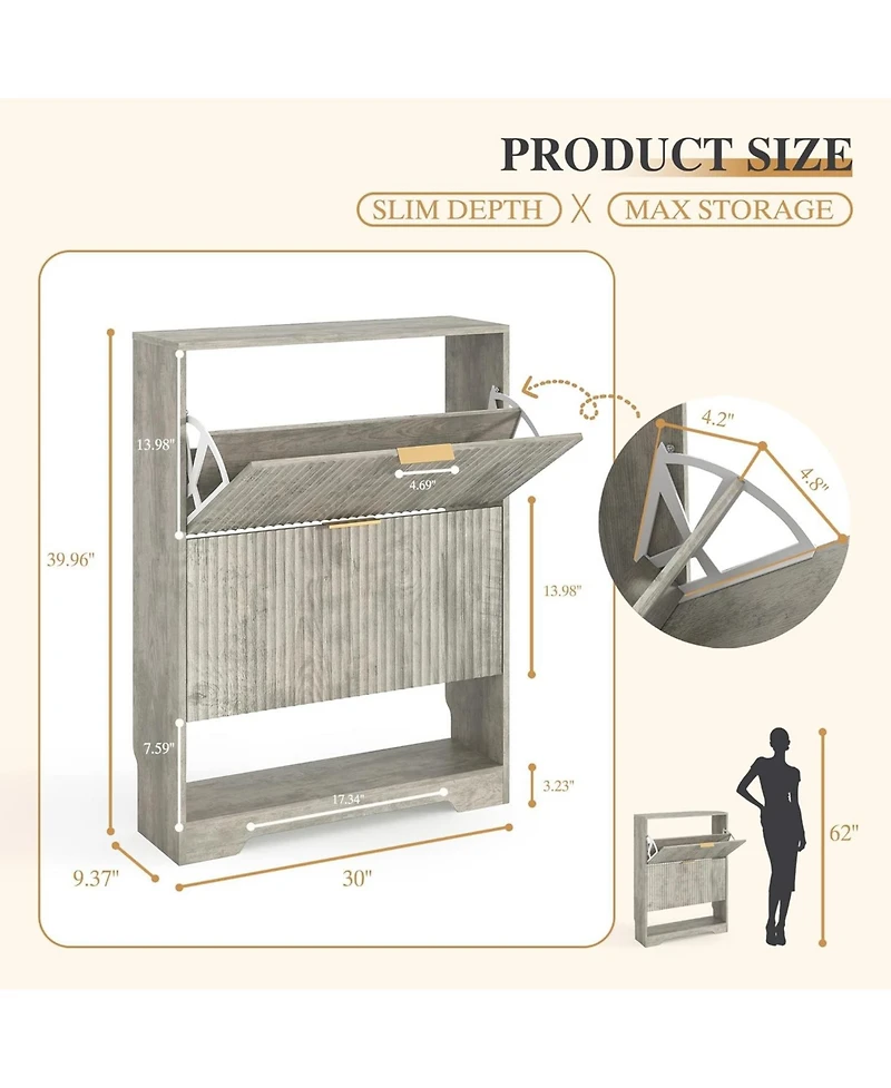 homfan Fluted Shoe Cabinet for Entryway with 2 Flip Drawers