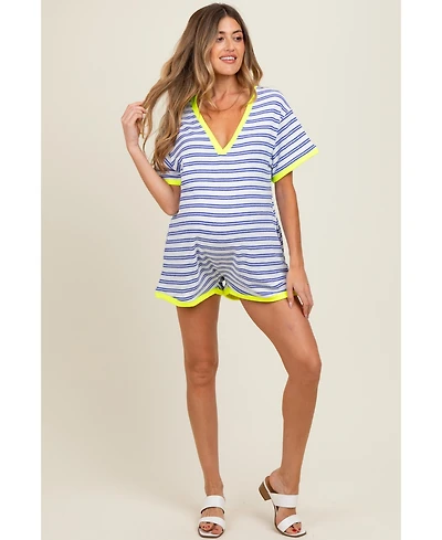 Pinkblush Maternity Blue Waffle Knit V-Neck Short Sleeve Romper