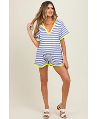 Pinkblush Maternity Blue Waffle Knit V-Neck Short Sleeve Romper