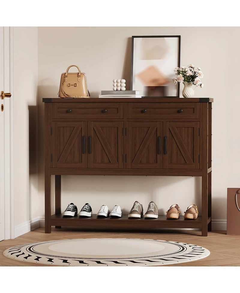 homfan 47 Inch Modern Farmhouse Wooden Console, Sideboard Buffet with 2 Drawers, 4 Barn Doors and Open Shelf for Multi-Room Storage