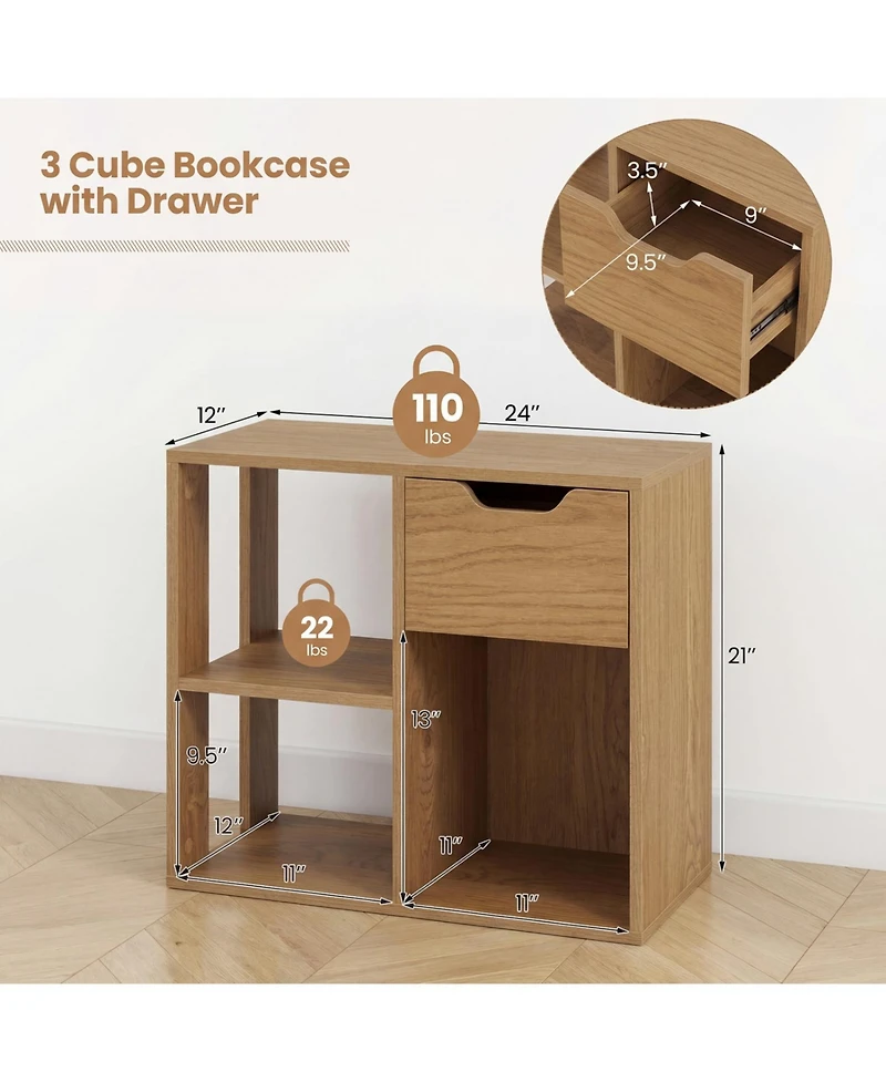 Slickblue Wooden 3-Cube Storage Bookcase with Drawer and 2-Tier Design