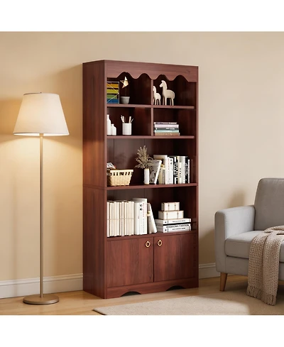 homfan Modern Wave Top Bookcase, Wood and Melamine Board Storage Cabinet with Gold Handles, 6-Cube Organizer Easy Assembly for Home Office