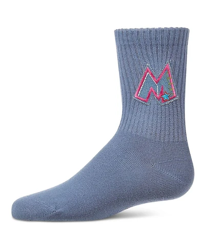 MeMoi Girls Ribbed Cotton-Rich Crew Socks with Embroidered Denim "M" Patch