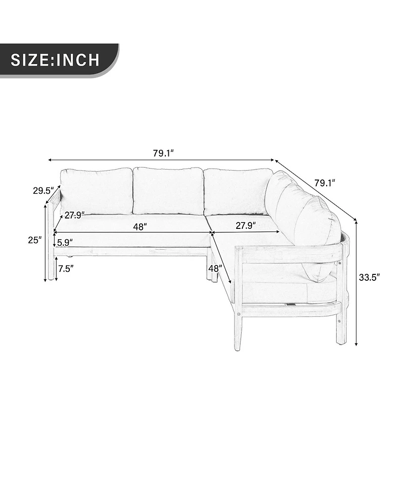 Asagikoiai Outdoor Patio Sectional Sofa, Solid Wood L-Shaped Conversation Set with Cushions-Asagikoiai