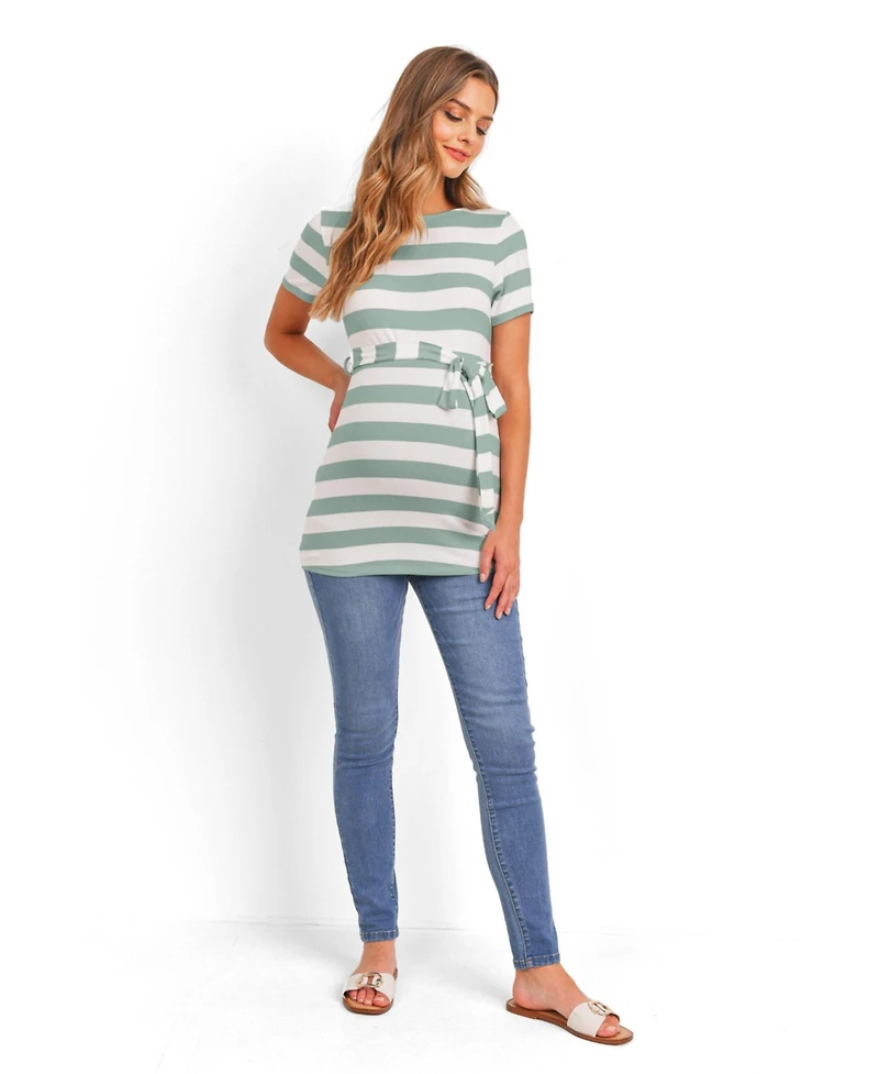 Hello Miz Women's Maternity Striped Tie-Waist Short Sleeve Tunic Top