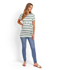 Hello Miz Women's Maternity Striped Tie-Waist Short Sleeve Tunic Top