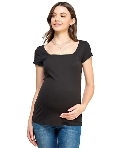 Hello Miz Women's Maternity Ribbed Square Neck Short Sleeve Top