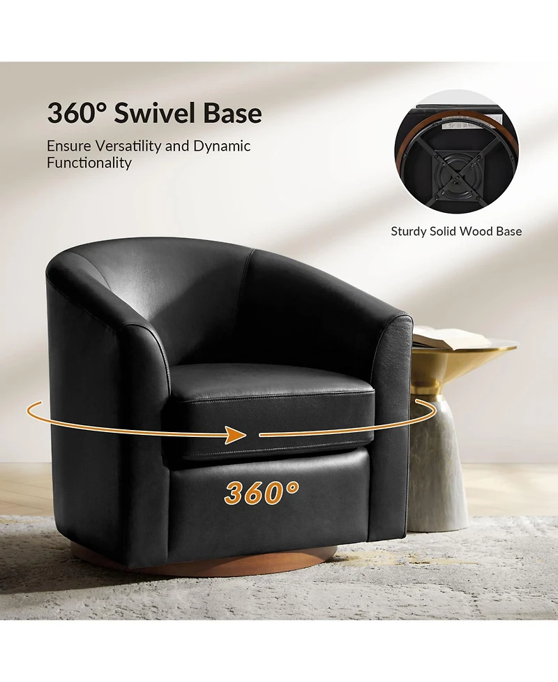 Hulala Home Amiir 30.5'' Wide Genuine Leather Swivel Barrel Chair with Solid Wood Base