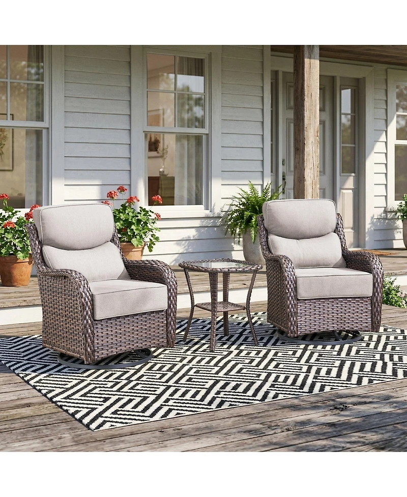 Pocassy 3 Pieces Patio Furniture Set with 6in Cushions, Outdoor Swivel Rocker Chairs, Wicker Bistro Rocking Chair, Side Table