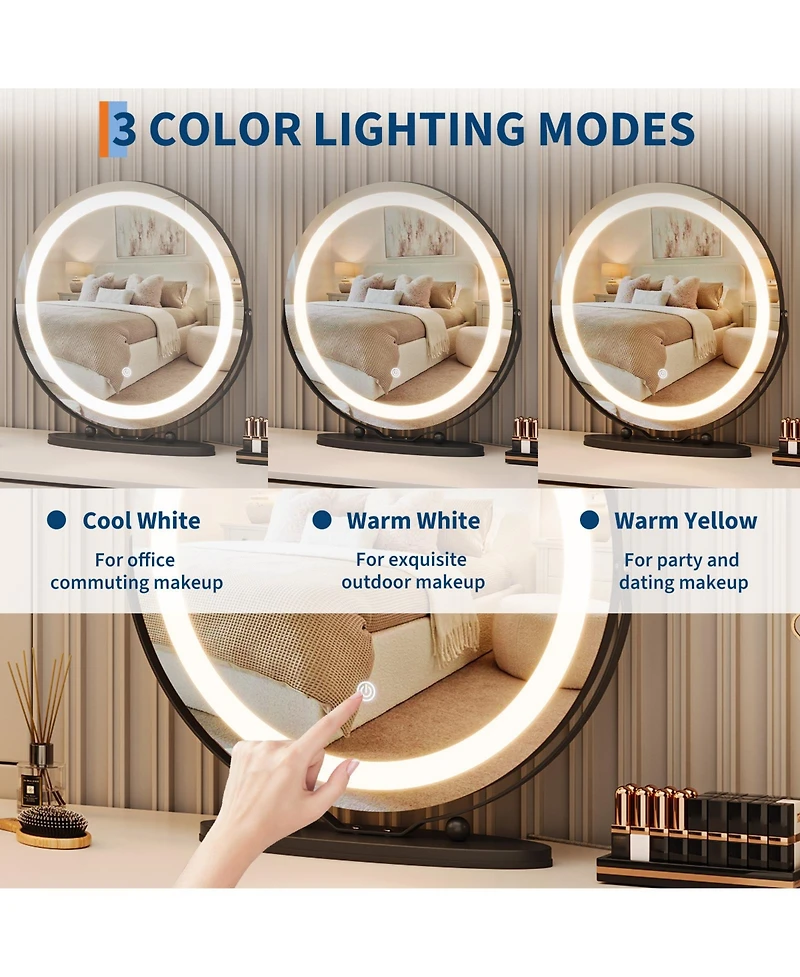 homfan Modern Led Vanity Mirror – 3-Color Dimmable Lighting, Smart Touch Control, Aluminum Alloy Frame, Tabletop