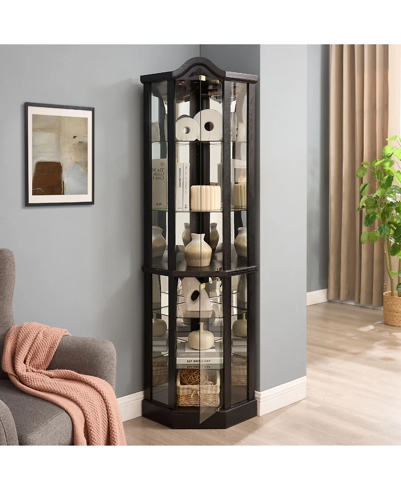 sumyeg Lighted Glass Display Cabinet Corner Curio with Adjustable Shelves Carved