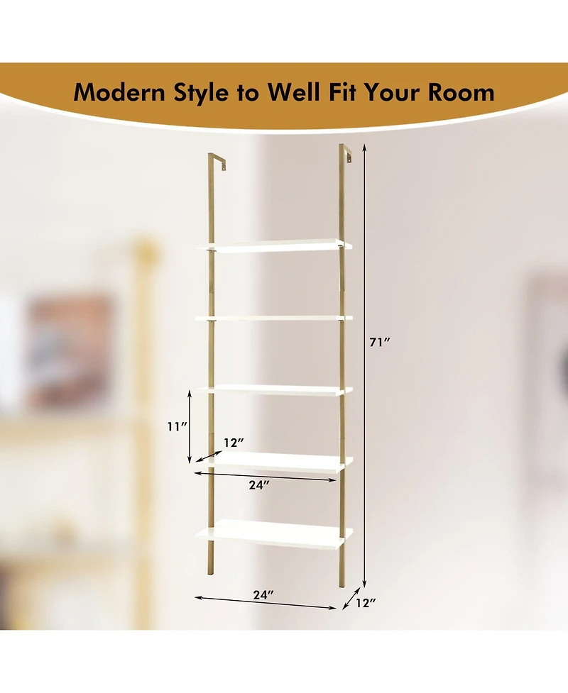Gouun 5-Tier Wall-Mounted Ladder Bookcase with Sprayed Steel Frame