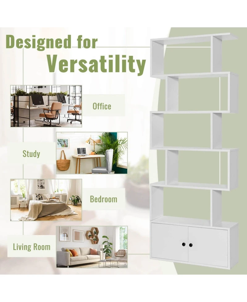Gouun 6-Tier S-Shaped Bookshelf Freestanding Cabinet Doors Display