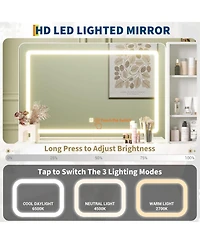 homfan Modern Makeup Vanity Desk Set with Adjustable Led Mirror - 5 Drawers, 3 Shelves, Glass Top, Charging Station, Bedroom Dressing Table
