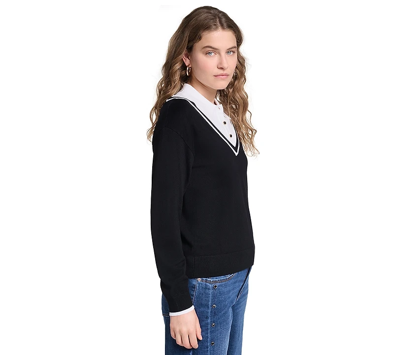 Karl Lagerfeld Paris Petite Collared Button-Front Twofer Sweater