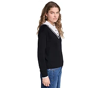 Karl Lagerfeld Paris Petite Collared Button-Front Twofer Sweater