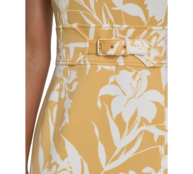 Calvin Klein Women's Printed Crewneck Belted Dress