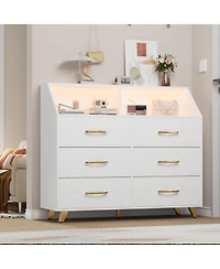 homfan 6-Drawer Dresser with Charging Station and Led Lights,Engineered Wood Storage Chest with Gold Metal Legs,Anti-Tip Multi-Functional Home Cabinet