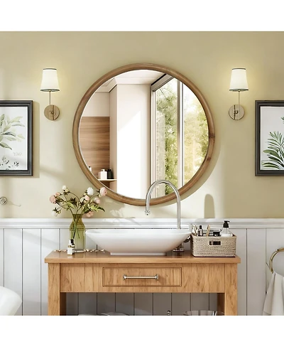 Laoties Modern Round Wall Mirror, Natural Wood Vanity Mirror for Bathroom, Entryway and Living Room Decor