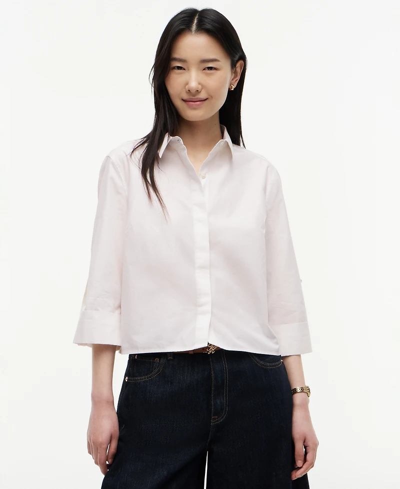 Tommy Hilfiger Women's Cropped Collared Roll-Tab Cotton Shirt