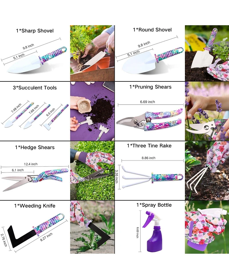 Xdovet Garden Tools Set 10Pieces Floral Handle Trowel Rake Weeder Pruner Shears Sprayer Case