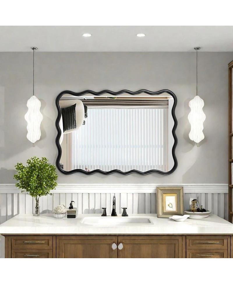 Laoties 40" x 28" Wavy Solid Wood Wall Mirror, Modern Decorative Mirror for Living Room and Entryway