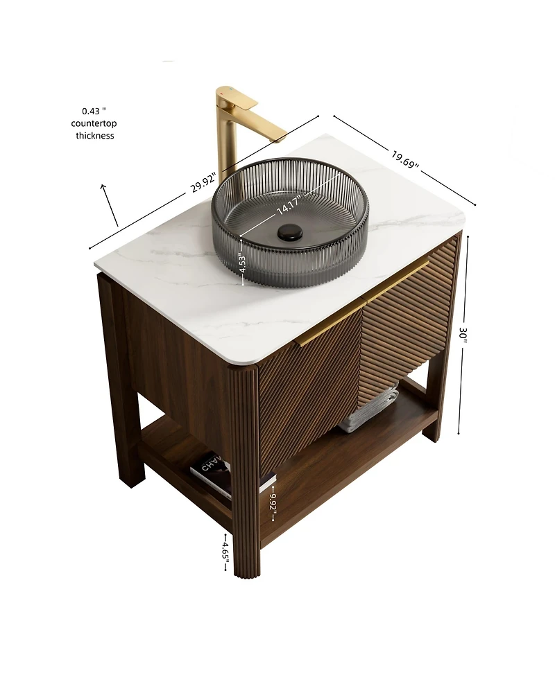 Phying 30 Inch Indigo Bathroom Vanity with Sink Freestanding Dark Walnut Woodgrain Plywood Storage Cabinet with Open Shelf for Bathroom Decor