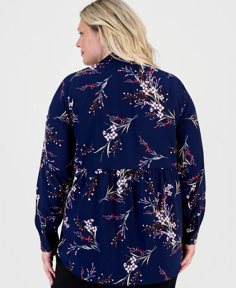 Jones New York Plus Half Placket Popover Floral Long-Sleeve Blouse