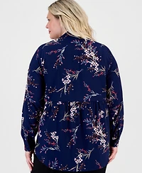 Jones New York Plus Half Placket Popover Floral Long-Sleeve Blouse