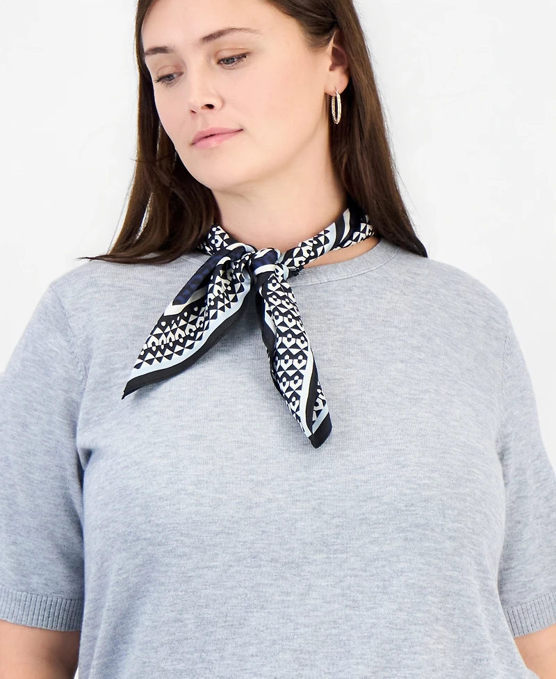 Jones New York Plus Crewneck Top with Woven Scarf and Ribbed Trim