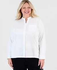 Jones New York Plus Stand Collar Button-Front Long-Sleeve Blouse